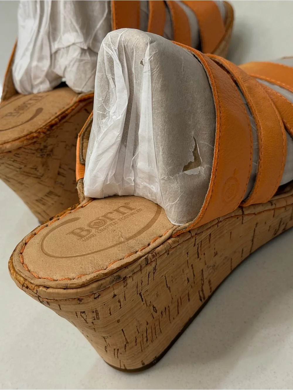 Born Zemora Orange Leather Strappy Cork Wedge Sandals 8M Boho Slide